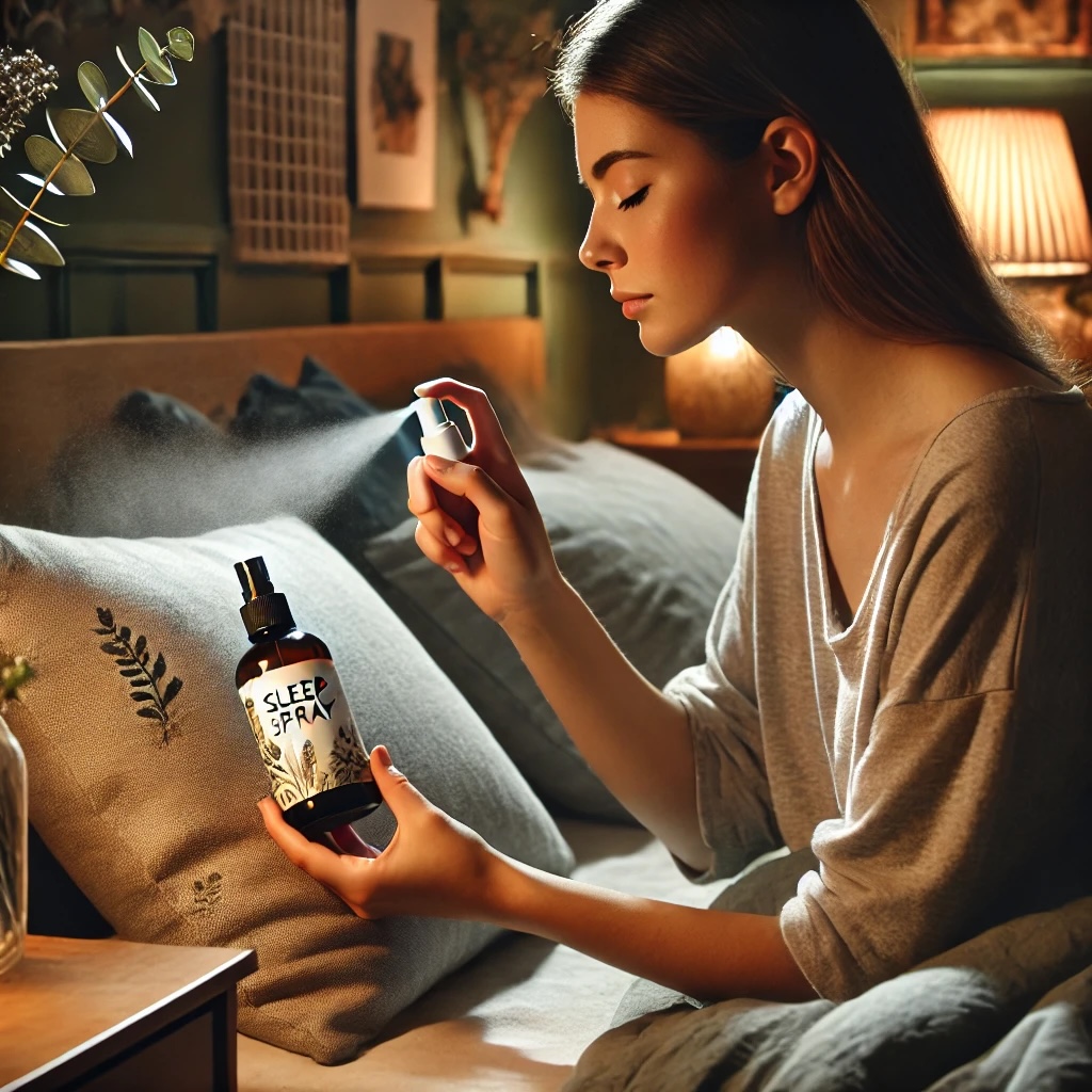 DALL·E 2024-10-29 11.24.08 - A person using a sleep spray in a cozy bedroom setting. The person is gently spraying the product over their pillow, with a calm, relaxed expression o (kopie)